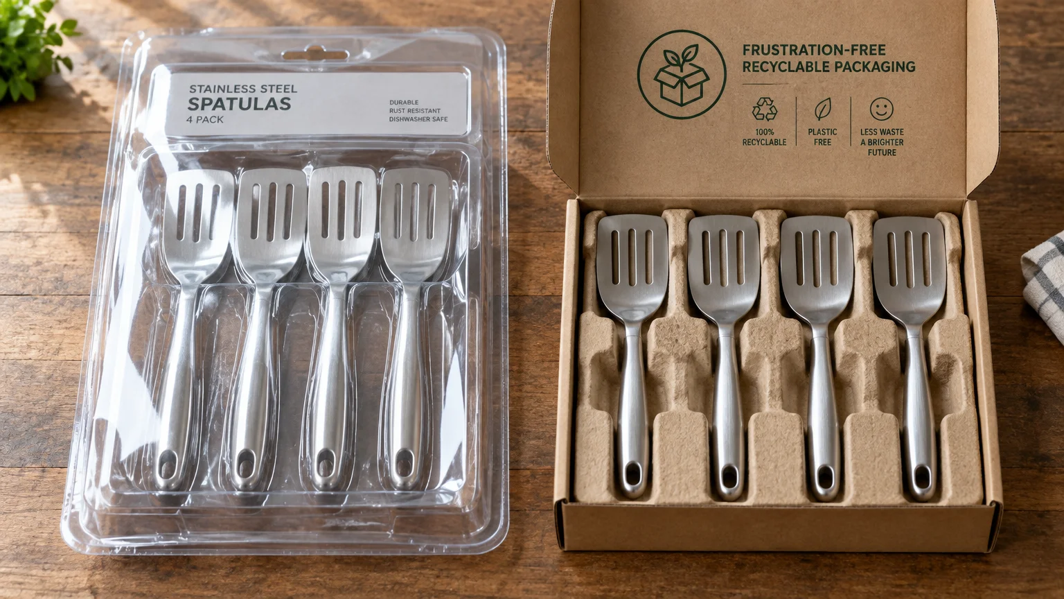A plastic clamshell pack of four stainless steel spatulas next to an identical set in a cardboard frustration-free box.