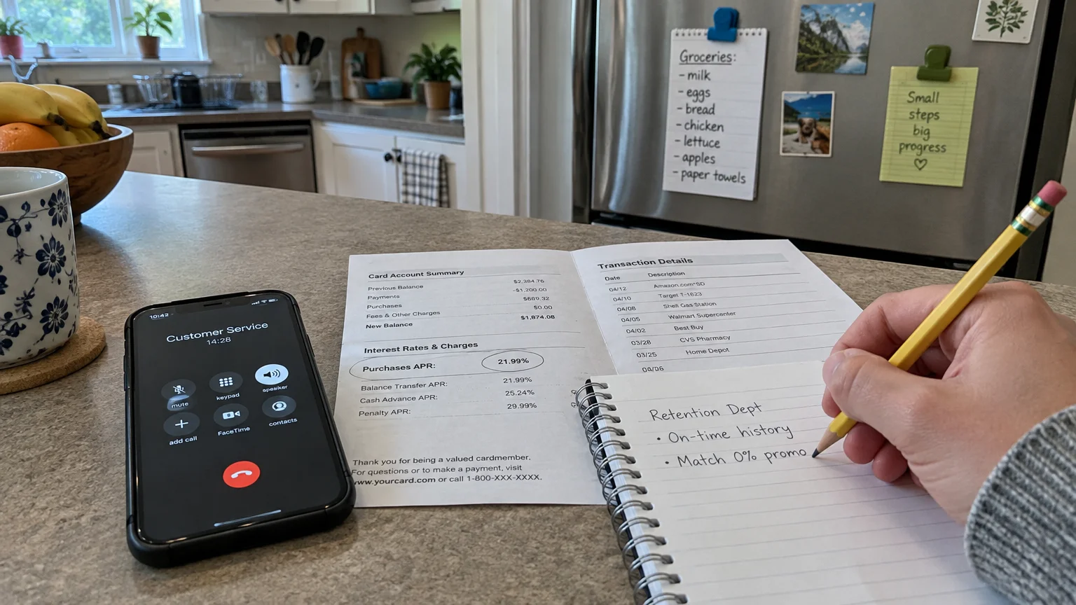 A phone on a call to customer service beside a credit card statement and a hand writing notes about the retention department.