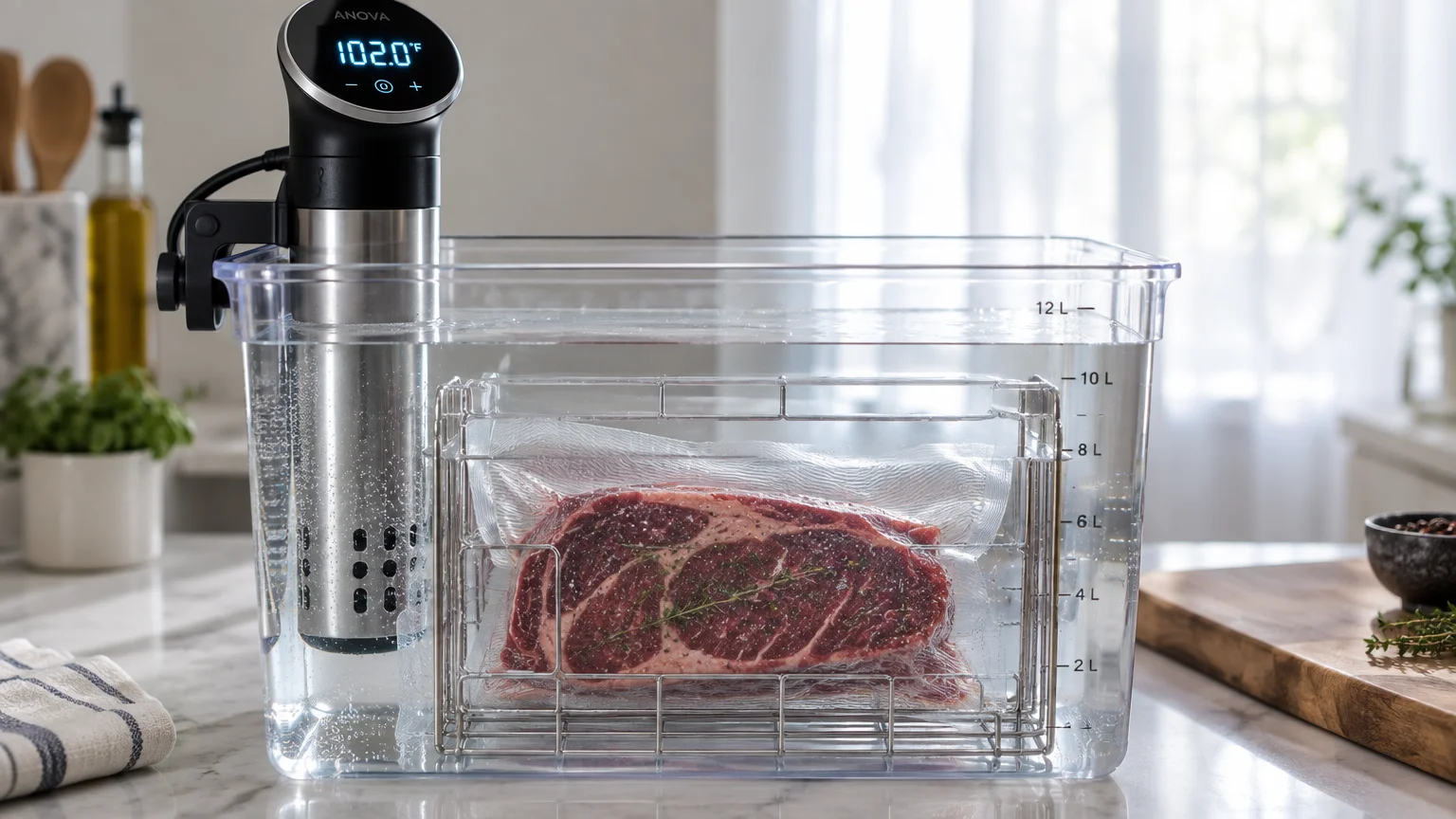 Sous-vide immersion circulator displaying 102.0°F in a water bath holding a vacuum-sealed raw steak submerged in a rack.