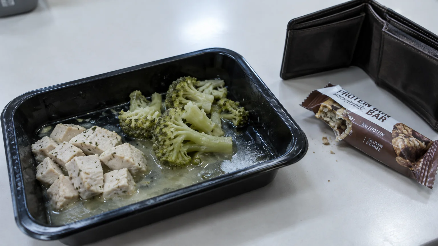 A black plastic tray with chicken cubes, watery sauce, and broccoli, sitting beside an opened protein bar and a wallet.