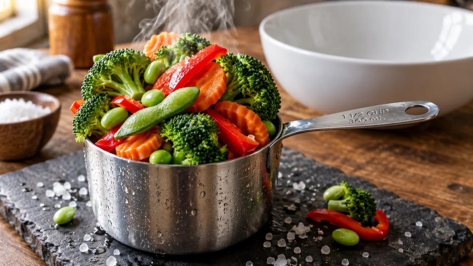 Steaming broccoli, carrots, peppers, and edamame filling a metal 1 1/2 cup measuring scoop on a slate board.