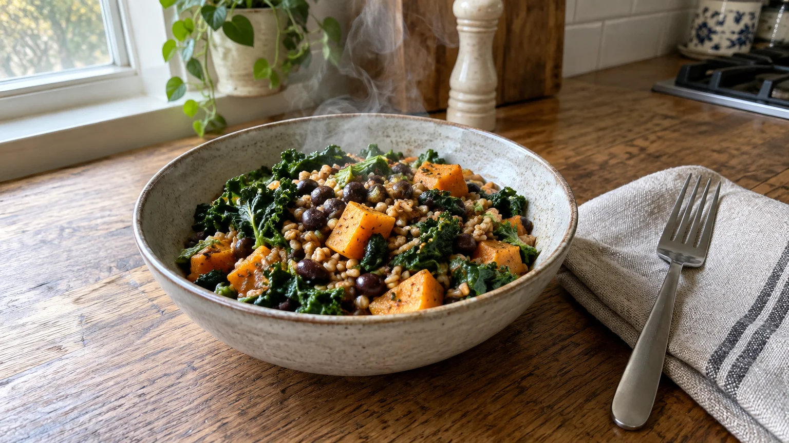 Steaming ceramic bowl filled with cooked grains, dark beans, leafy kale, and roasted sweet potato chunks beside a fork.