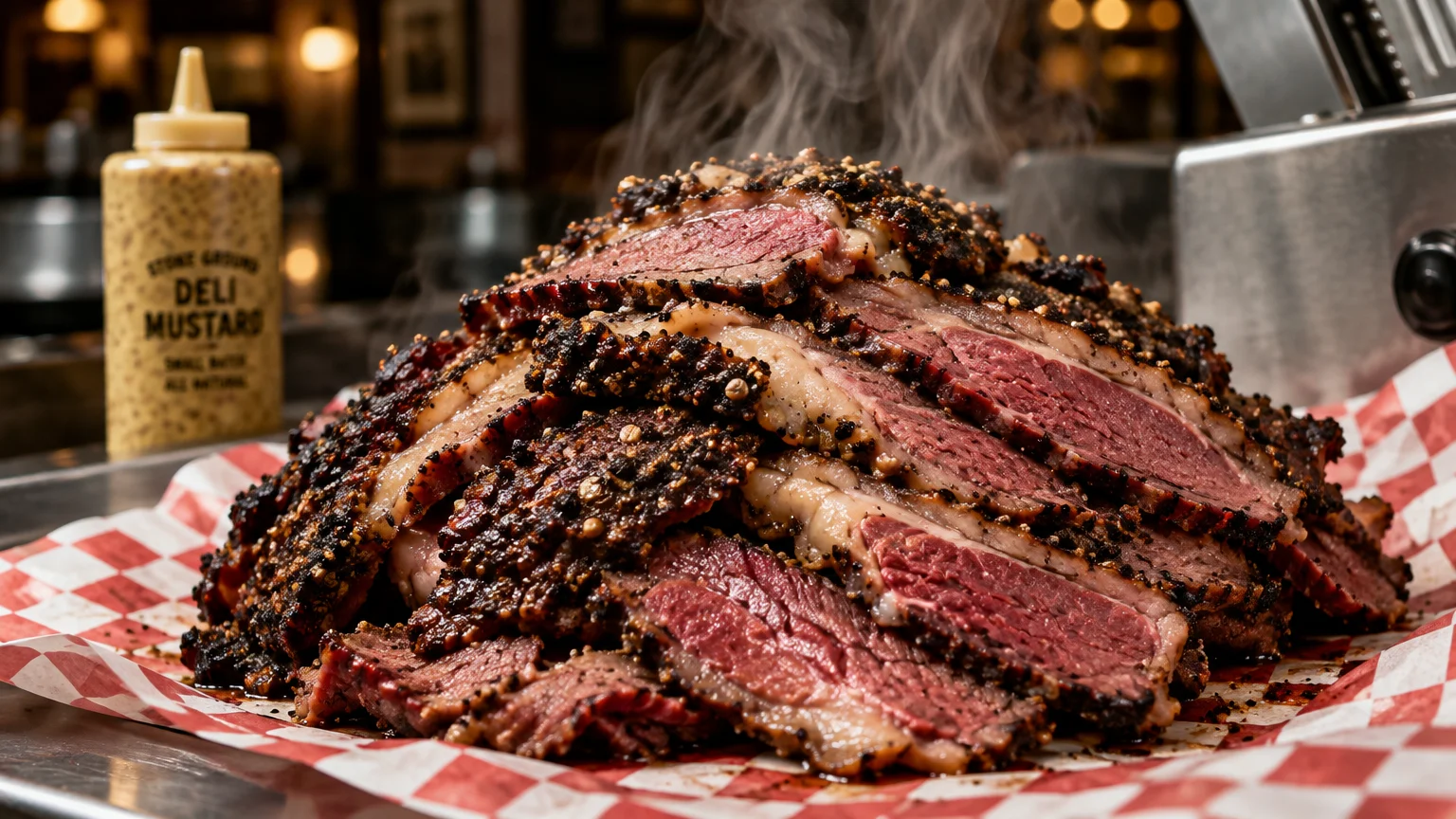 Steaming sliced pastrami brisket piled high on red-and-white checkered paper beside a bottle of stone ground deli mustard.