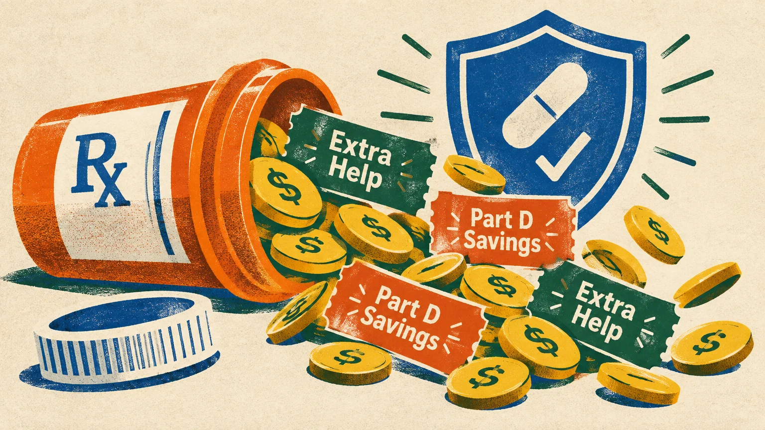 An open prescription bottle spilling gold coins and savings tickets beside a blue shield with a pill icon.