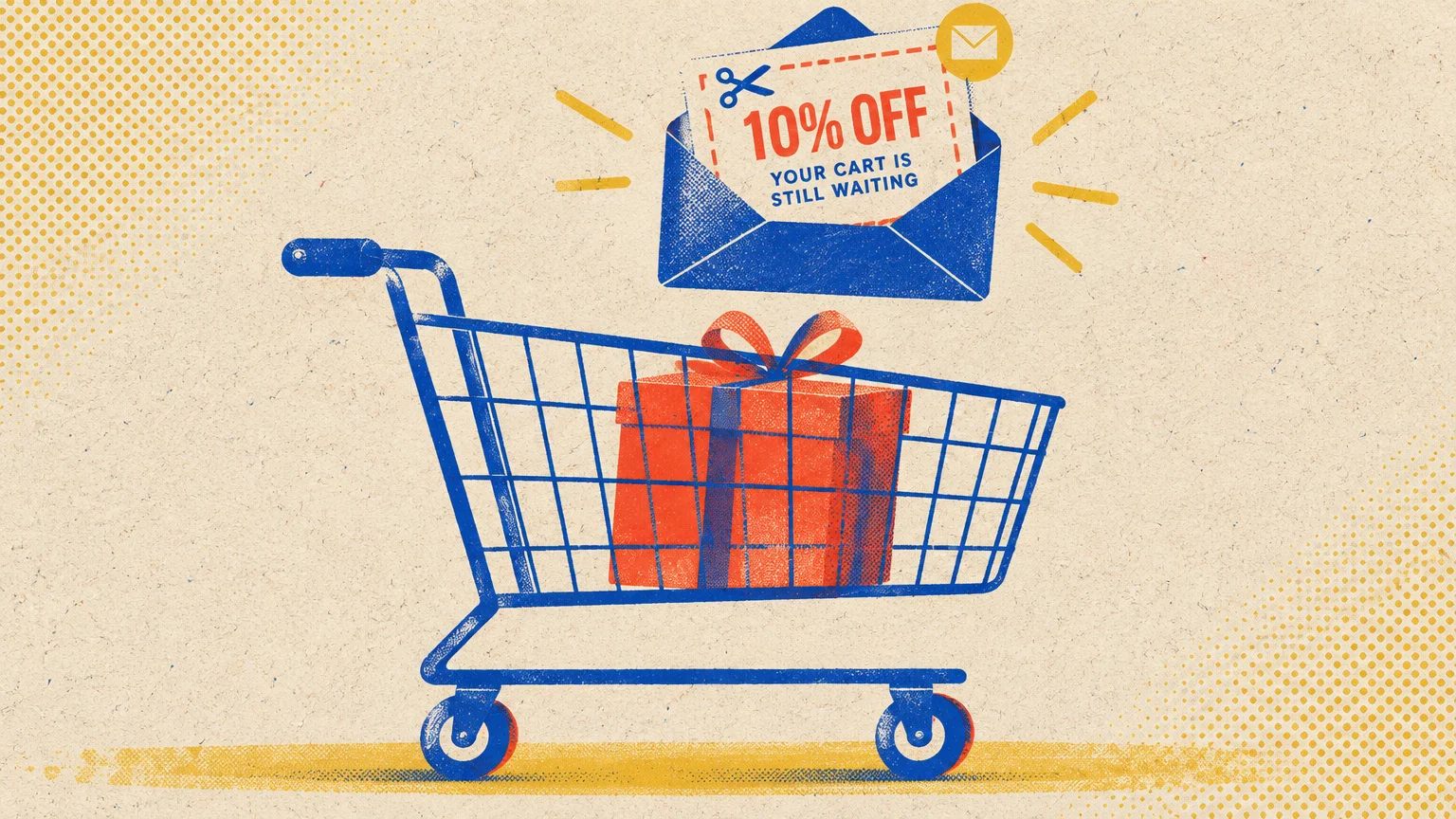 A blue shopping cart holding a gift box sits beneath an open blue envelope with a 10% off discount coupon.