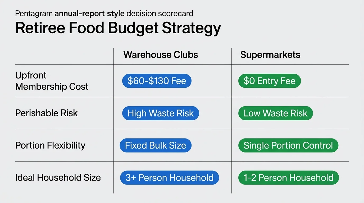 Comparison chart of warehouse clubs versus supermarkets across membership cost, perishable risk, and household size.
