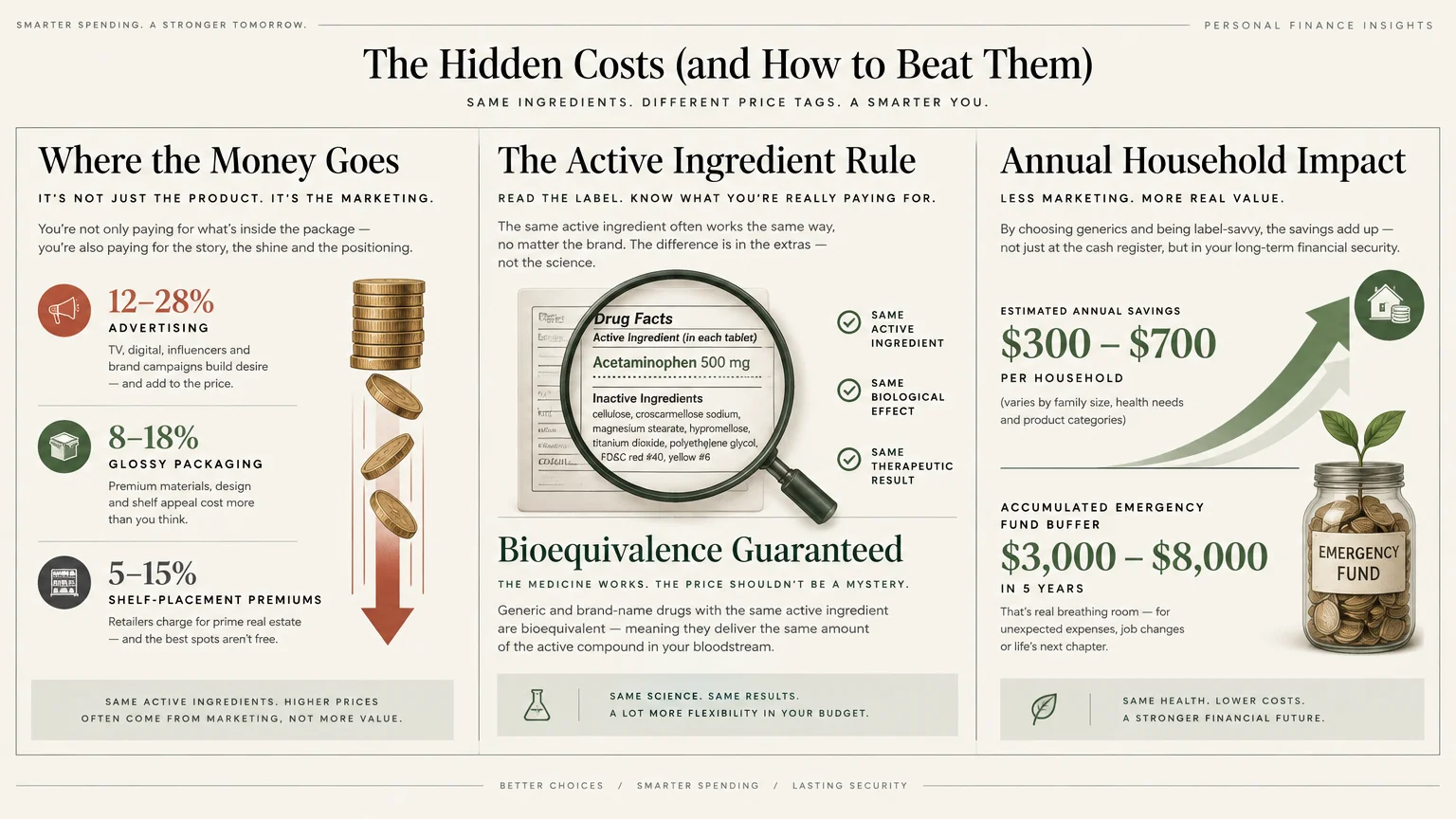 Infographic detailing marketing costs, generic drug bioequivalence with a Drug Facts label, and estimated household savings.