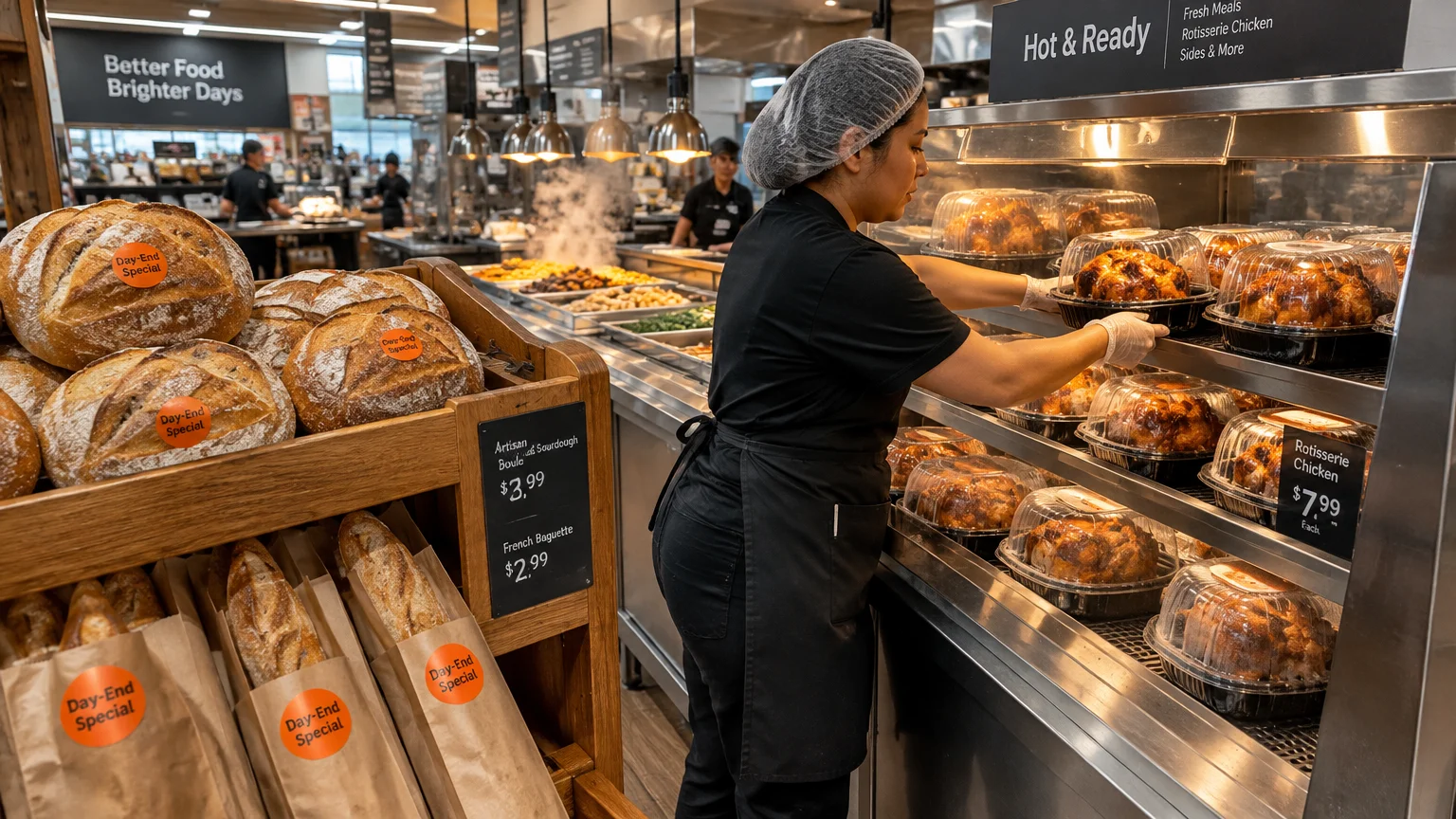 Supermarket worker stocking packaged rotisserie chickens next to an artisan bread display with Day-End Special stickers.