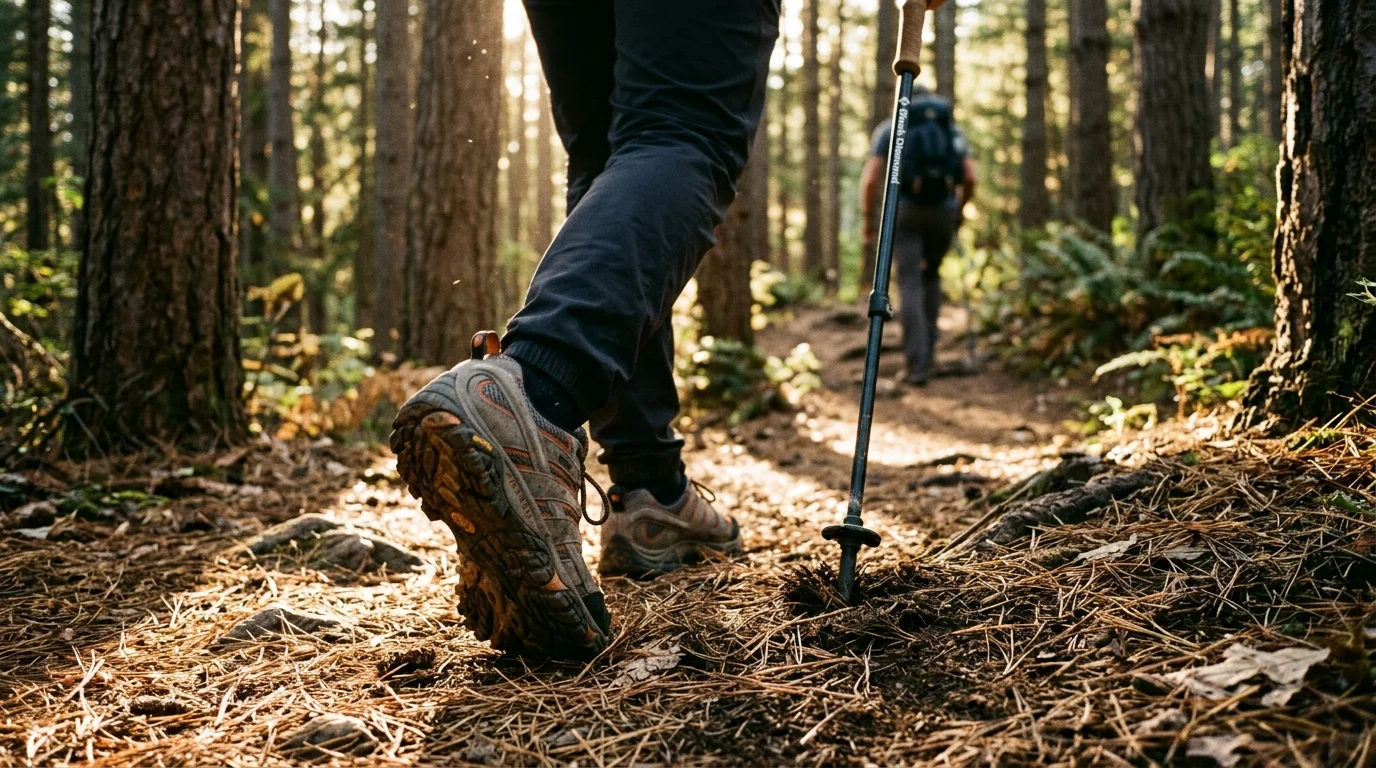 Close-up of a hiker's legs and trail shoes walking along a sunlit forest path using a trekking pole.