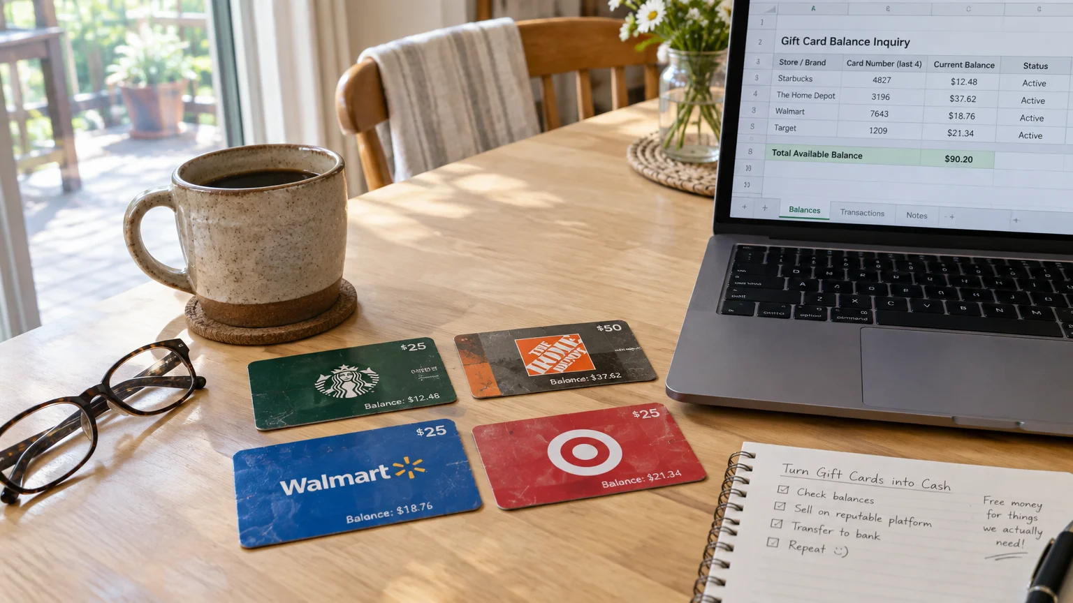 Four retail gift cards on a wooden table beside a laptop displaying a balance spreadsheet and a notepad.