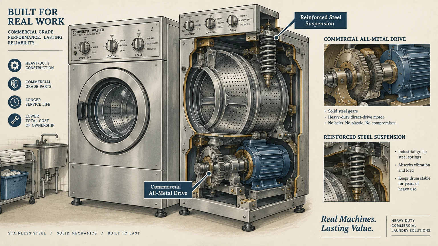Cutaway illustration of a commercial stainless steel washing machine displaying internal steel gears and shock suspension.