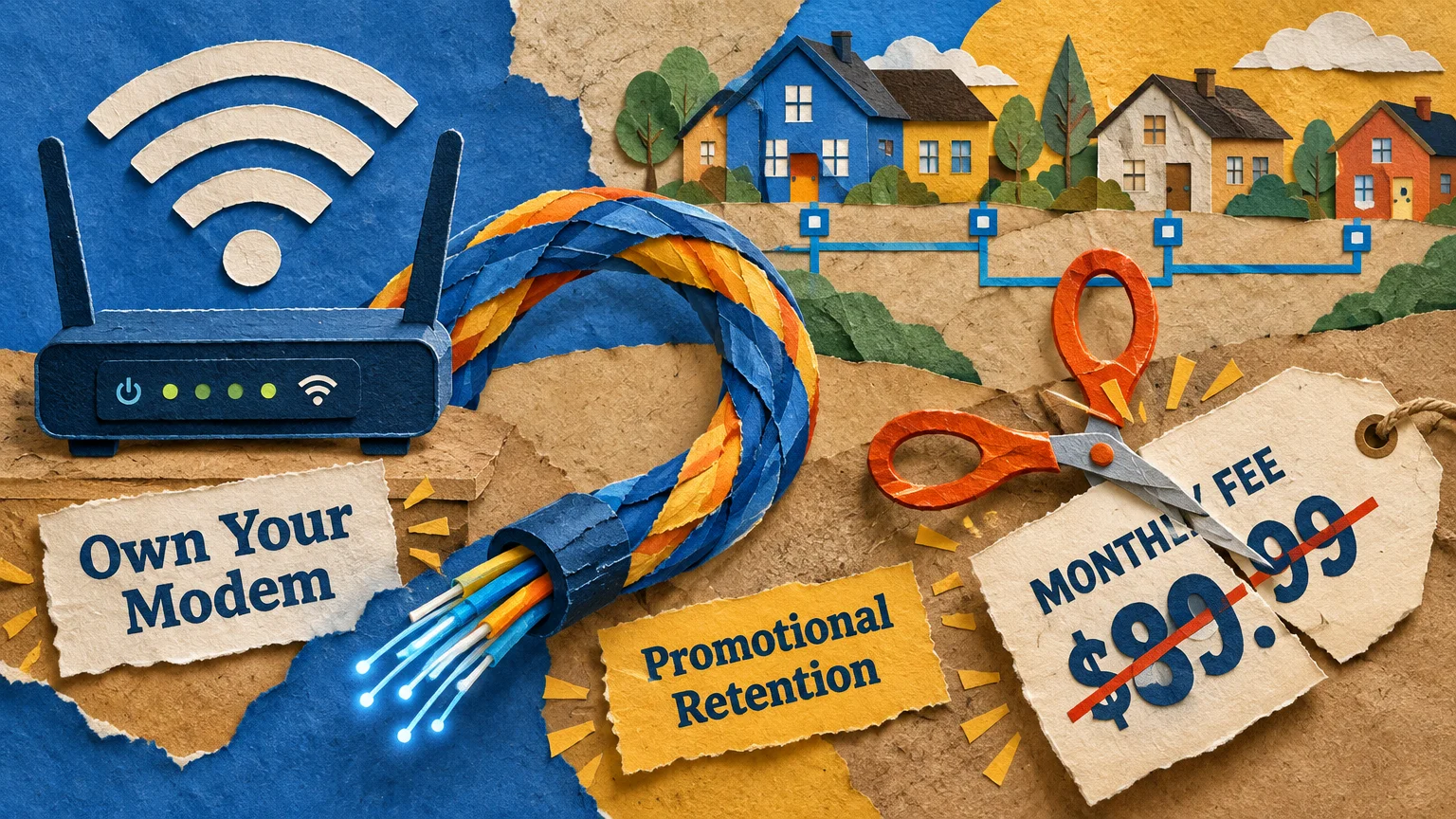 Paper craft collage of a Wi-Fi router, fiber optic cable, scissors cutting a price tag, and suburban houses.