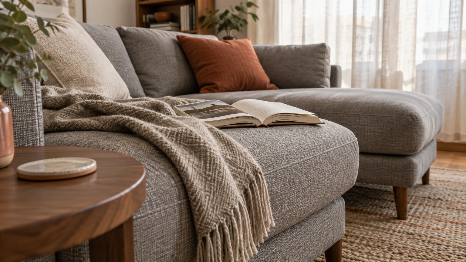 A gray upholstered sectional sofa with an open book and knit throw blanket in a bright living room.