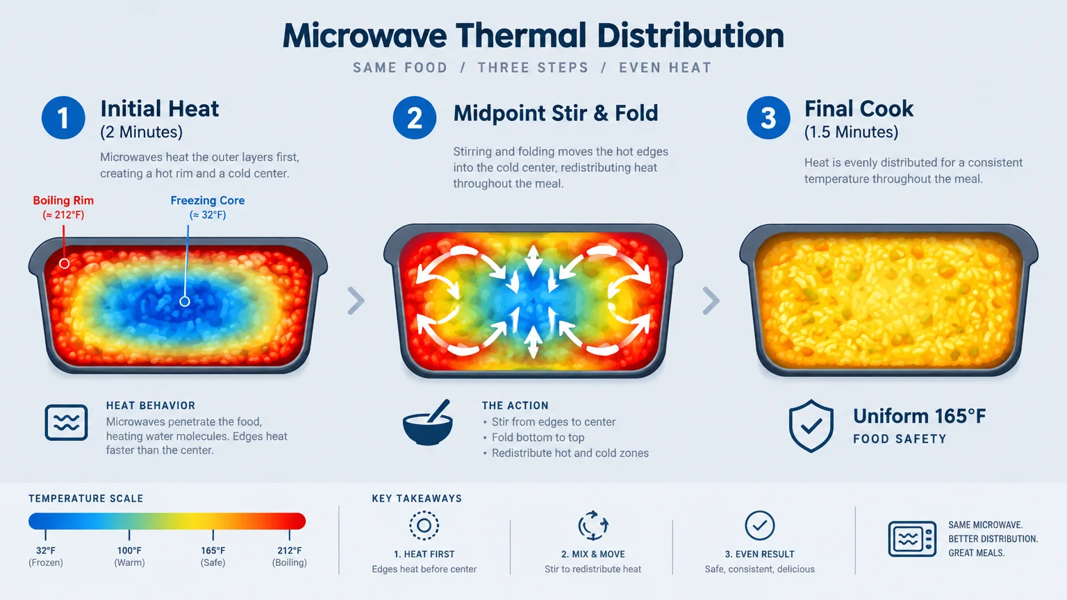 Diagram showing microwave thermal distribution across three steps: initial heat, midpoint stir and fold, and final cook.