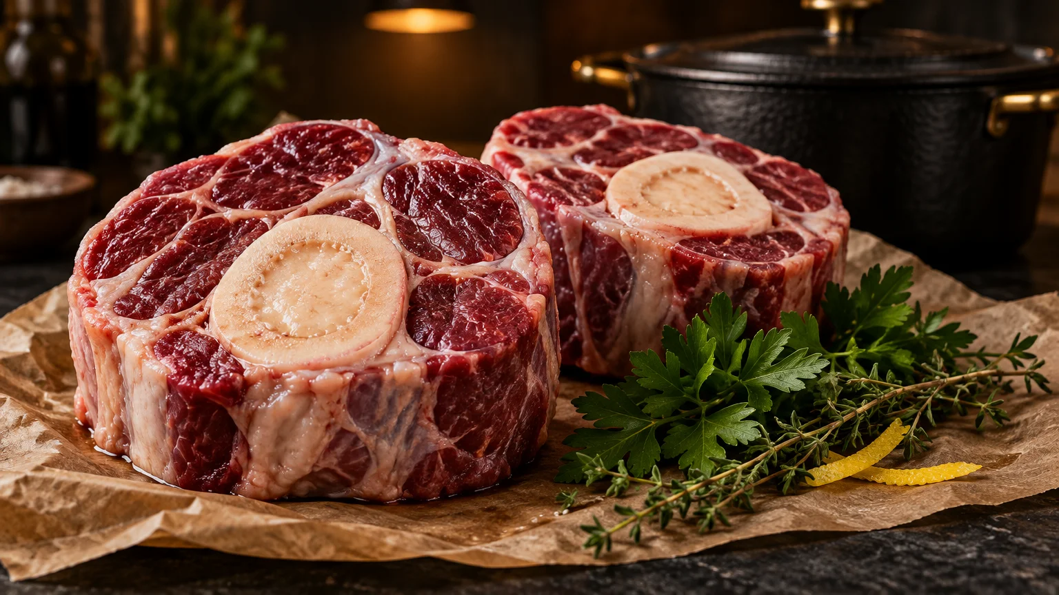 Two raw, thick-cut beef shanks with visible marrow bones resting on butcher paper with fresh herbs and a Dutch oven.