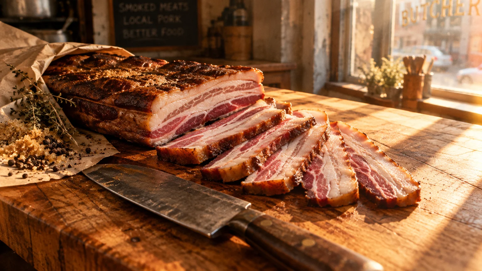 Sliced slab bacon on a rustic wooden butcher block beside a chef's knife, brown paper, and scattered spices.