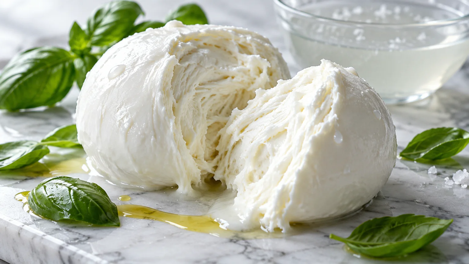 Fresh mozzarella ball torn open on marble, showing fibrous interior curds alongside basil leaves and olive oil.
