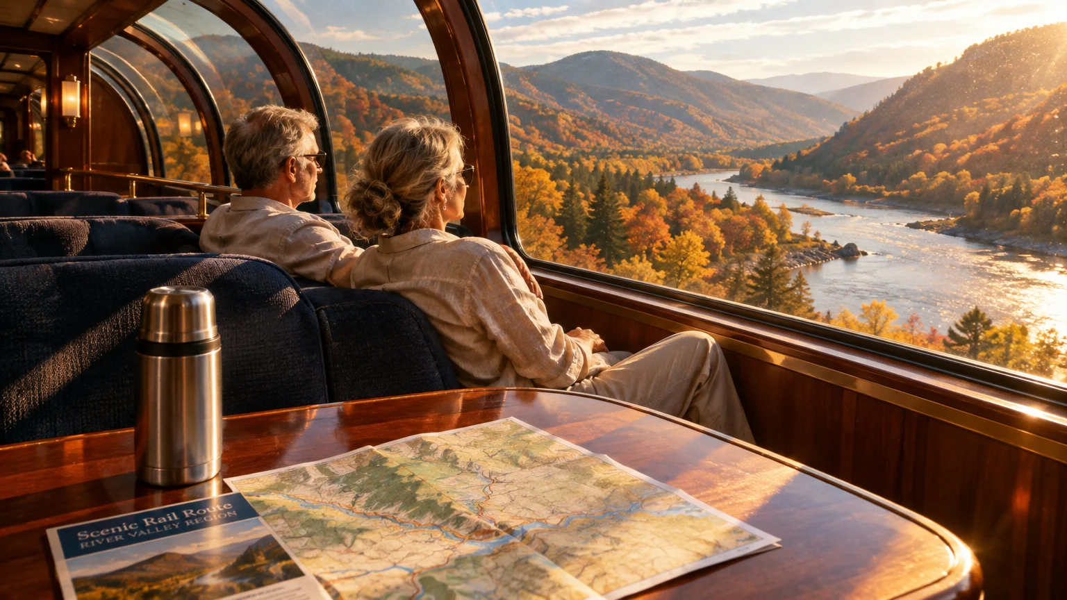 Senior couple relaxing in an observation train car, looking out large curved windows at autumn mountains and a river.