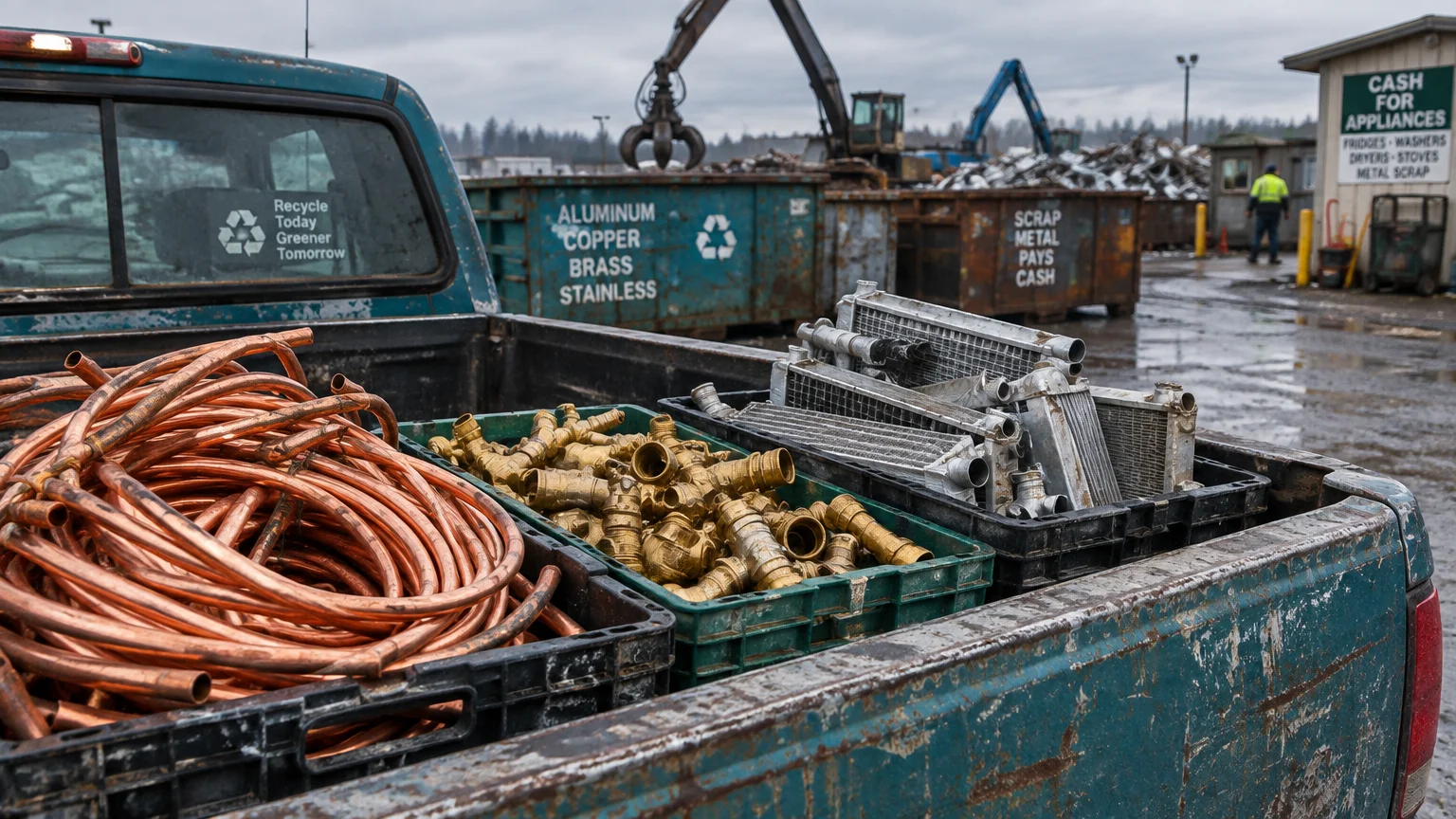 Crates of coiled copper tubing, brass pipe fittings, and aluminum radiators sitting in a pickup truck bed at a scrap yard.