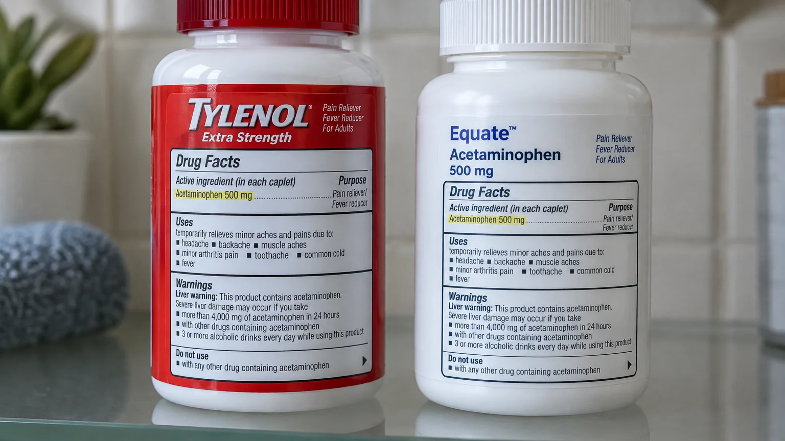 Bottles of Tylenol and Equate brand acetaminophen 500 mg side by side, highlighting identical Drug Facts active ingredients.