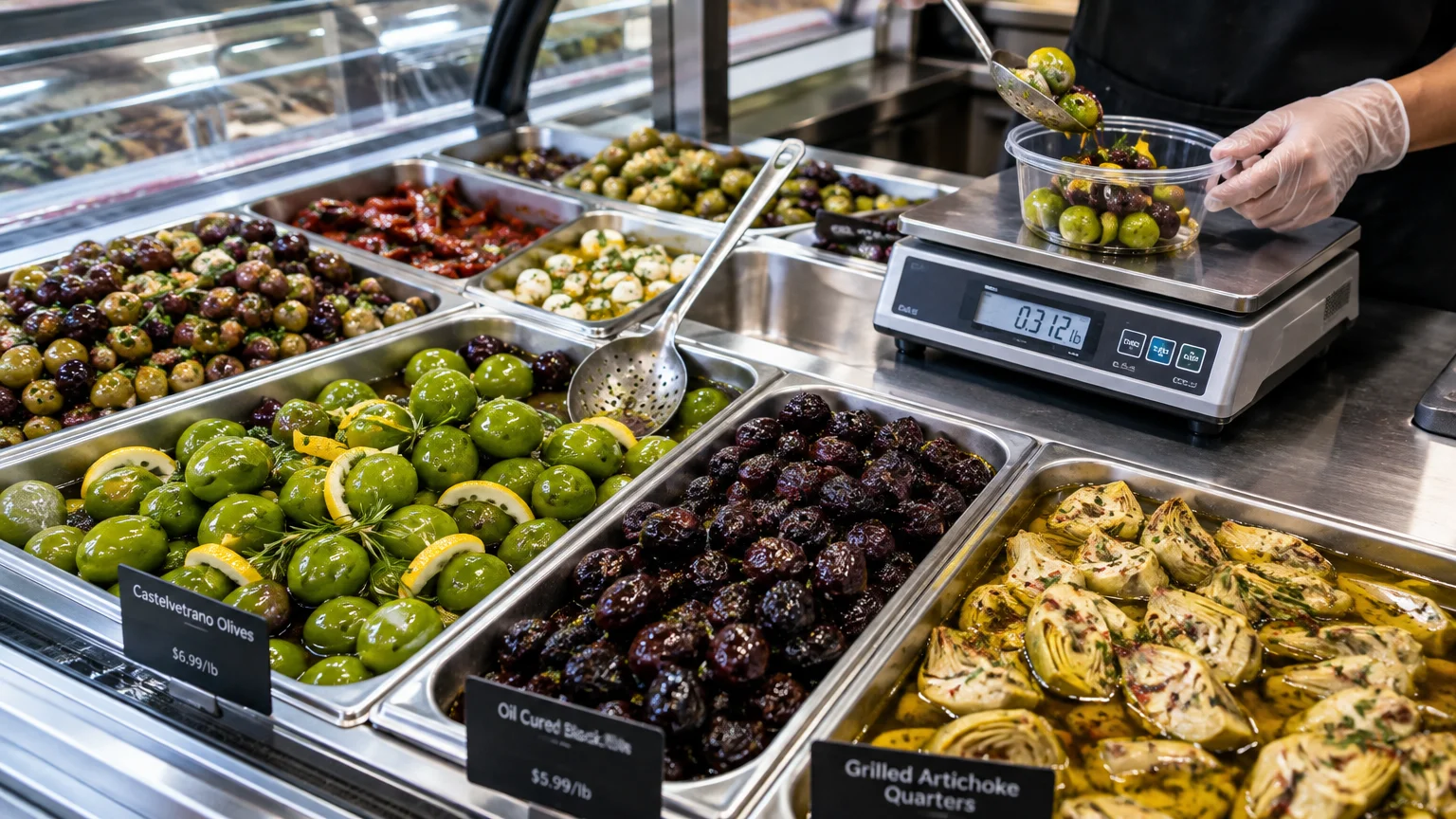 Deli counter with trays of marinated olives and artichokes as gloved hands weigh a container on a digital scale.