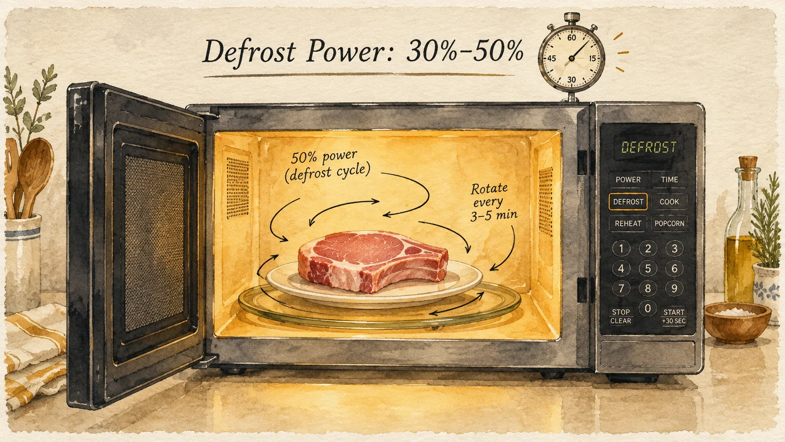 Illustration of an open microwave containing a steak on a plate, with defrost settings and rotation arrows shown.