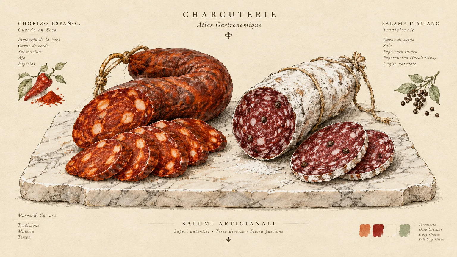 Illustration of cured Spanish chorizo and Italian salami sliced on a marble slab alongside chili peppers and peppercorns.