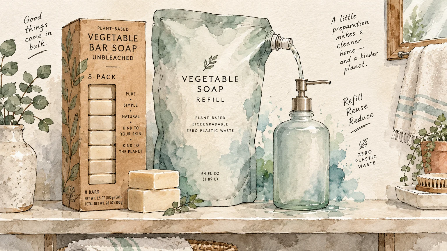 Watercolor illustration of a boxed pack of soap bars beside a large liquid soap refill pouch pouring into a pump bottle.
