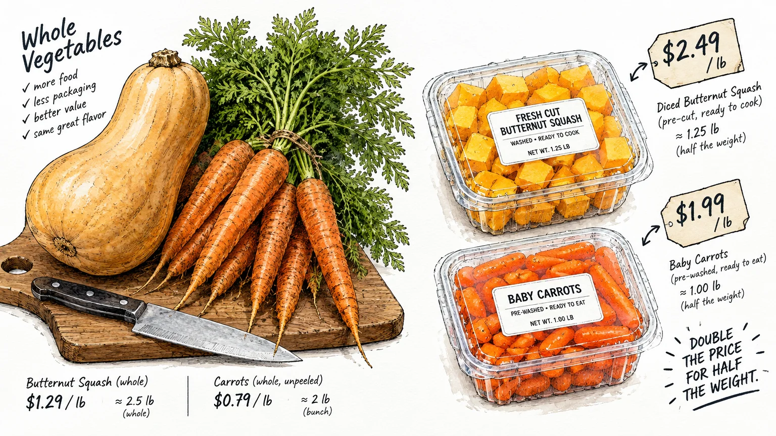 Illustration comparing whole squash and carrots on a cutting board to packaged, diced vegetables with price tags.