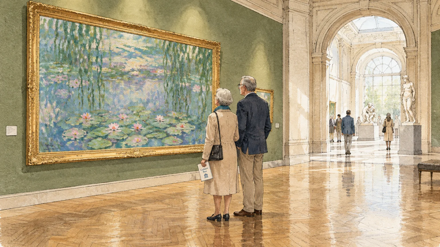 An older couple in an art museum views a large framed water lilies painting in a grand gallery with polished floors.