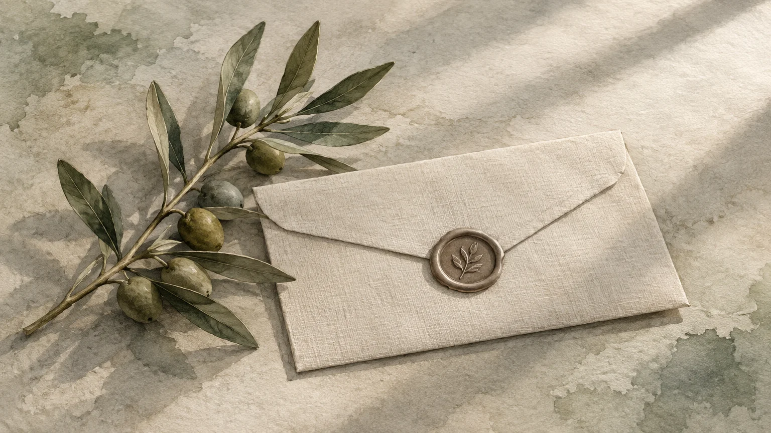 Linen envelope sealed with a wax stamp resting beside an olive branch with green olives on a textured surface.