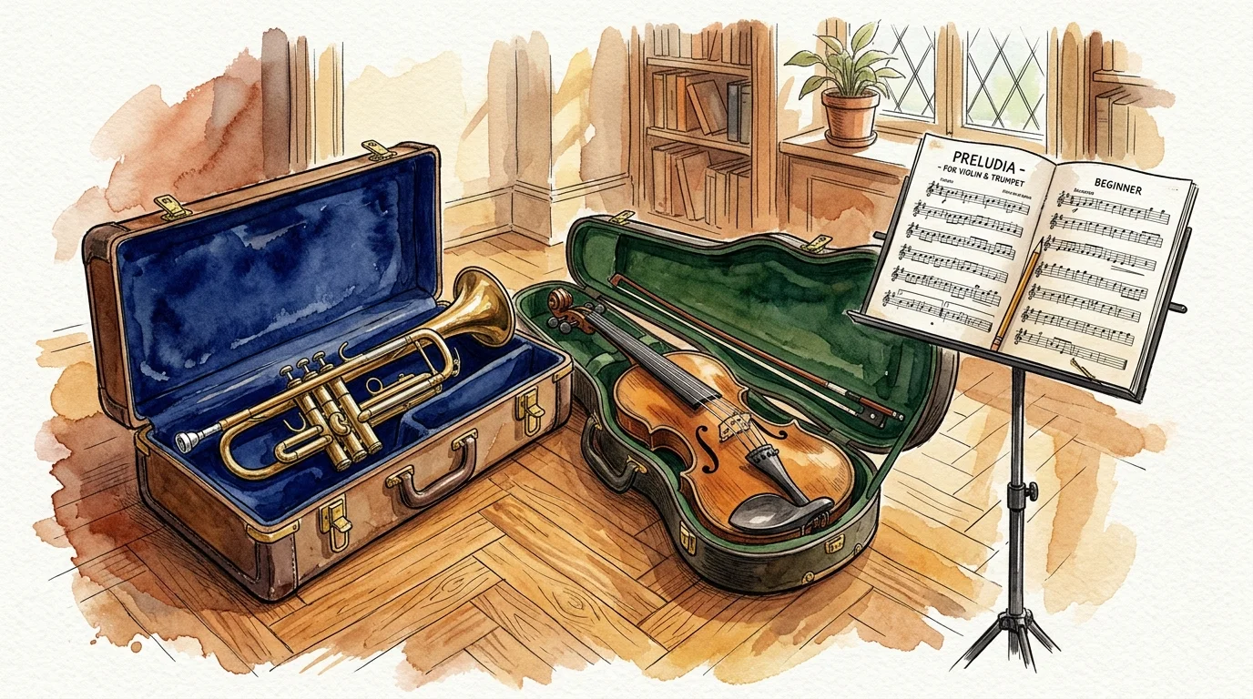 Watercolor illustration of a trumpet and violin in open cases on a wooden floor beside a music stand with sheet music.