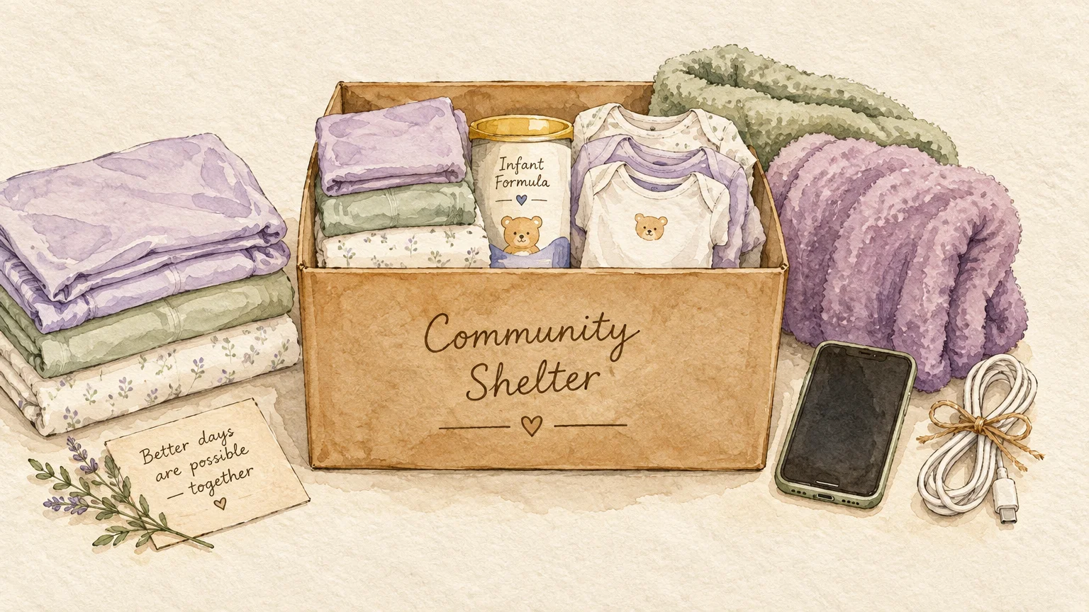 Watercolor illustration of a shelter donation box packed with baby clothes, formula, blankets, a phone, and a note.