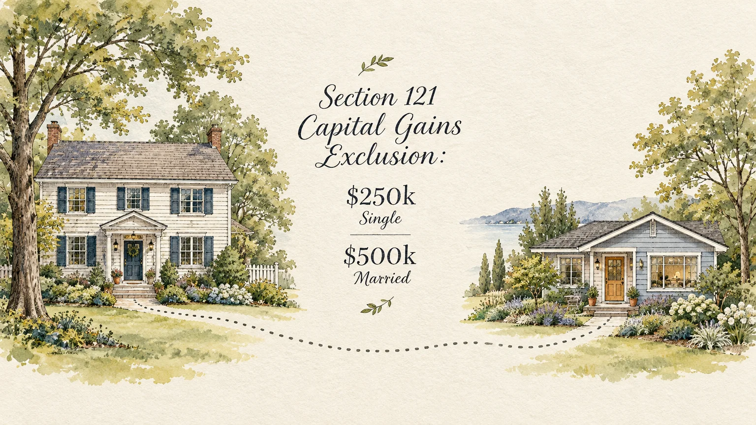 Watercolor illustration showing a large two-story house connected by a dotted line to a smaller cottage, with tax exclusion text.