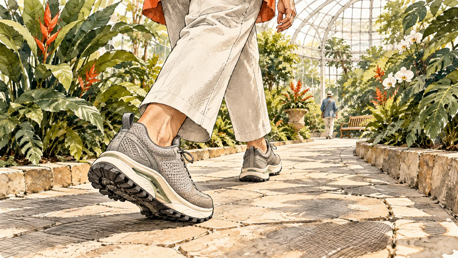 Illustration of someone wearing grey cushioned walking shoes while strolling along a stone pathway inside a greenhouse.