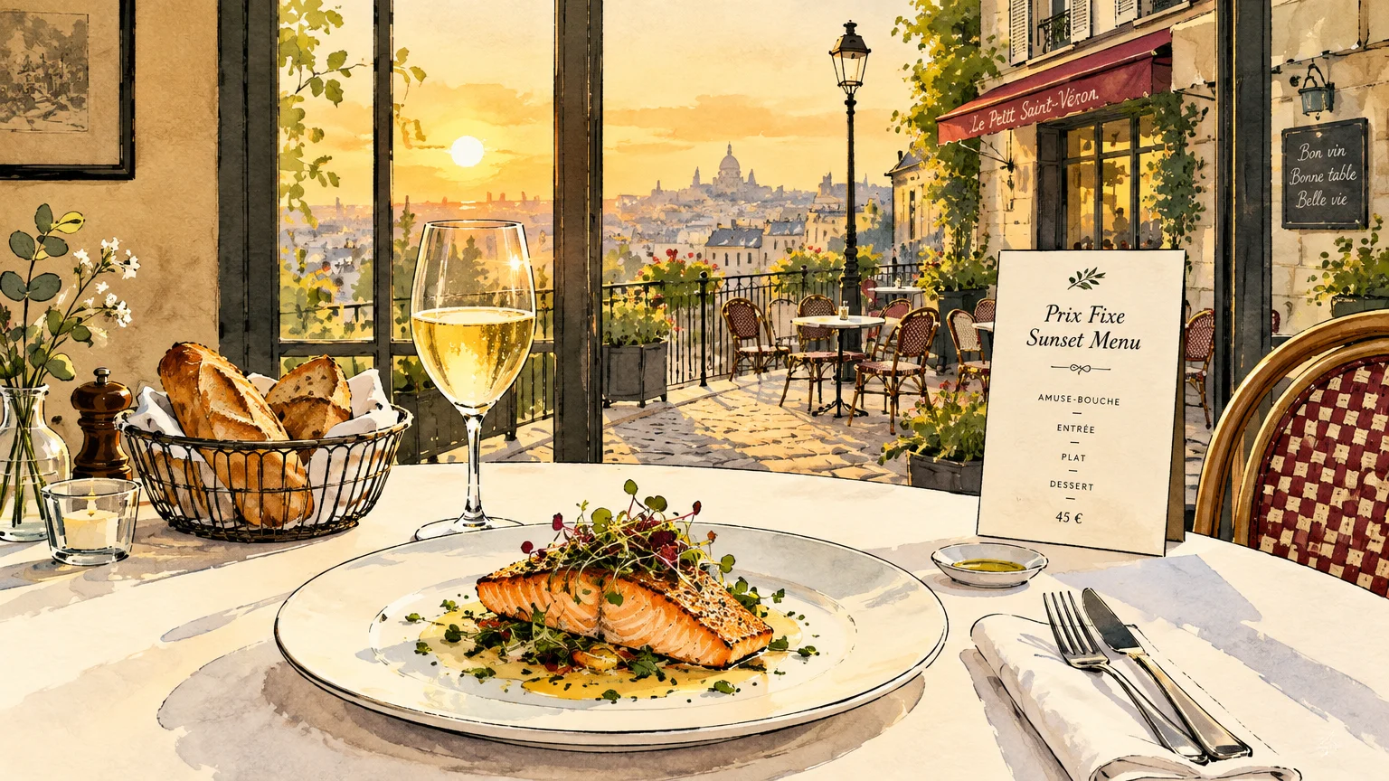 Watercolor illustration of a salmon dish, wine, bread, and prix fixe menu card on a table overlooking a sunset cityscape.