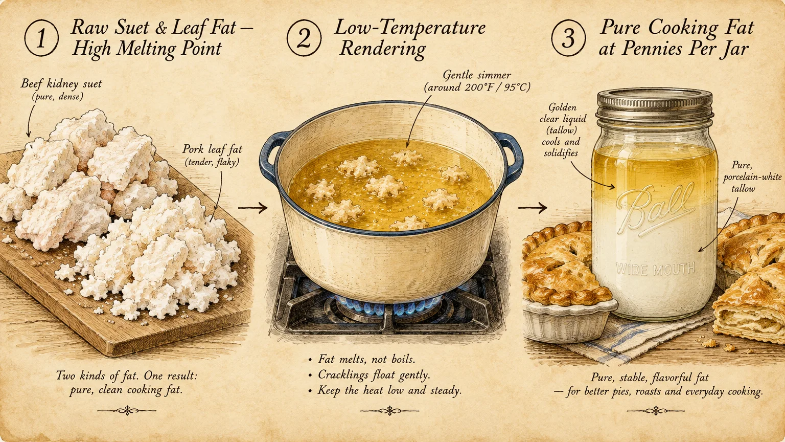Three-step vintage illustration showing raw fat pieces, simmering in a pot on a stove, and rendered tallow in a glass jar.