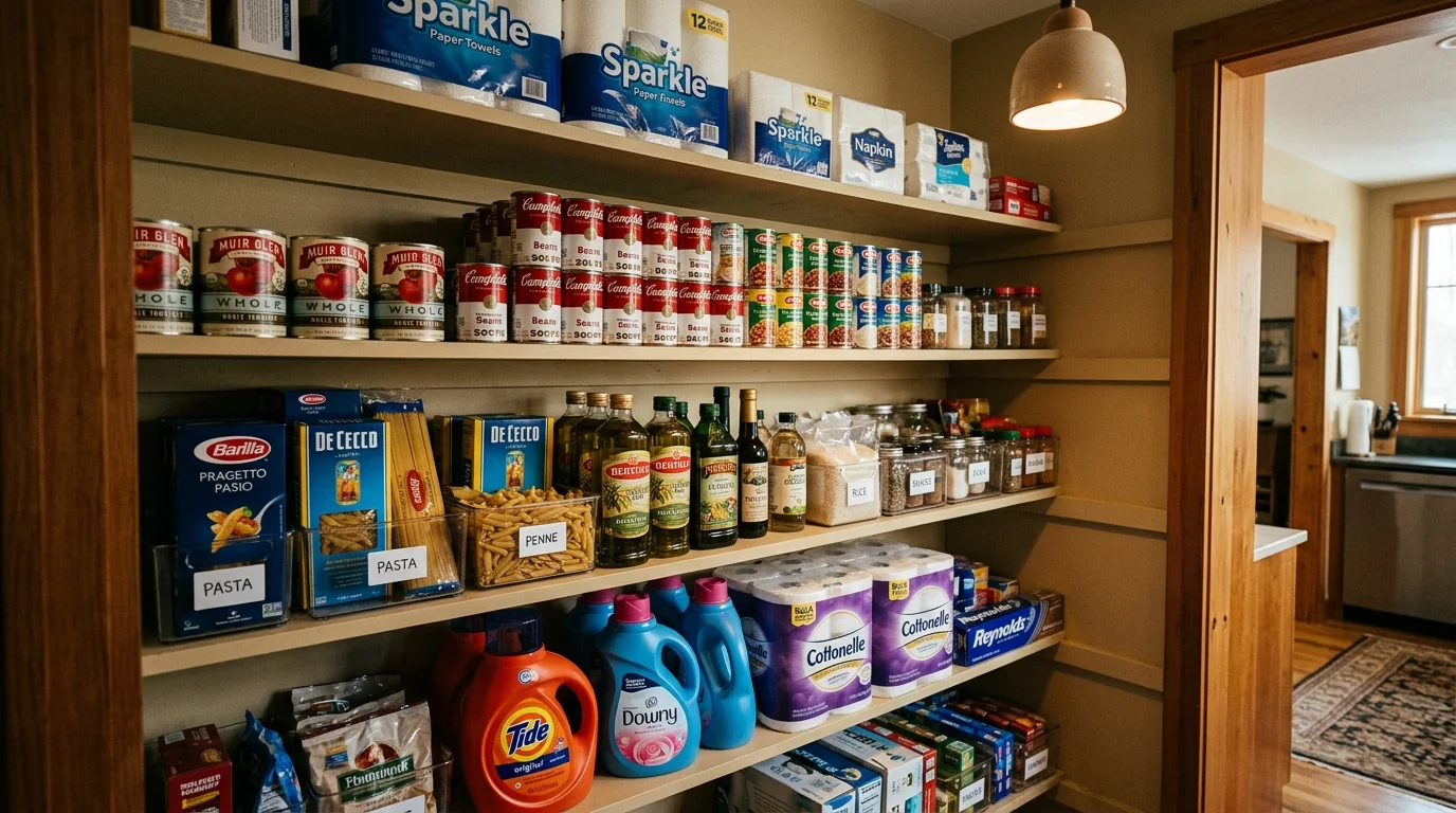 Shelves in a walk-in pantry organized with canned foods, pasta boxes, olive oil, paper towels, and laundry detergent bottles.