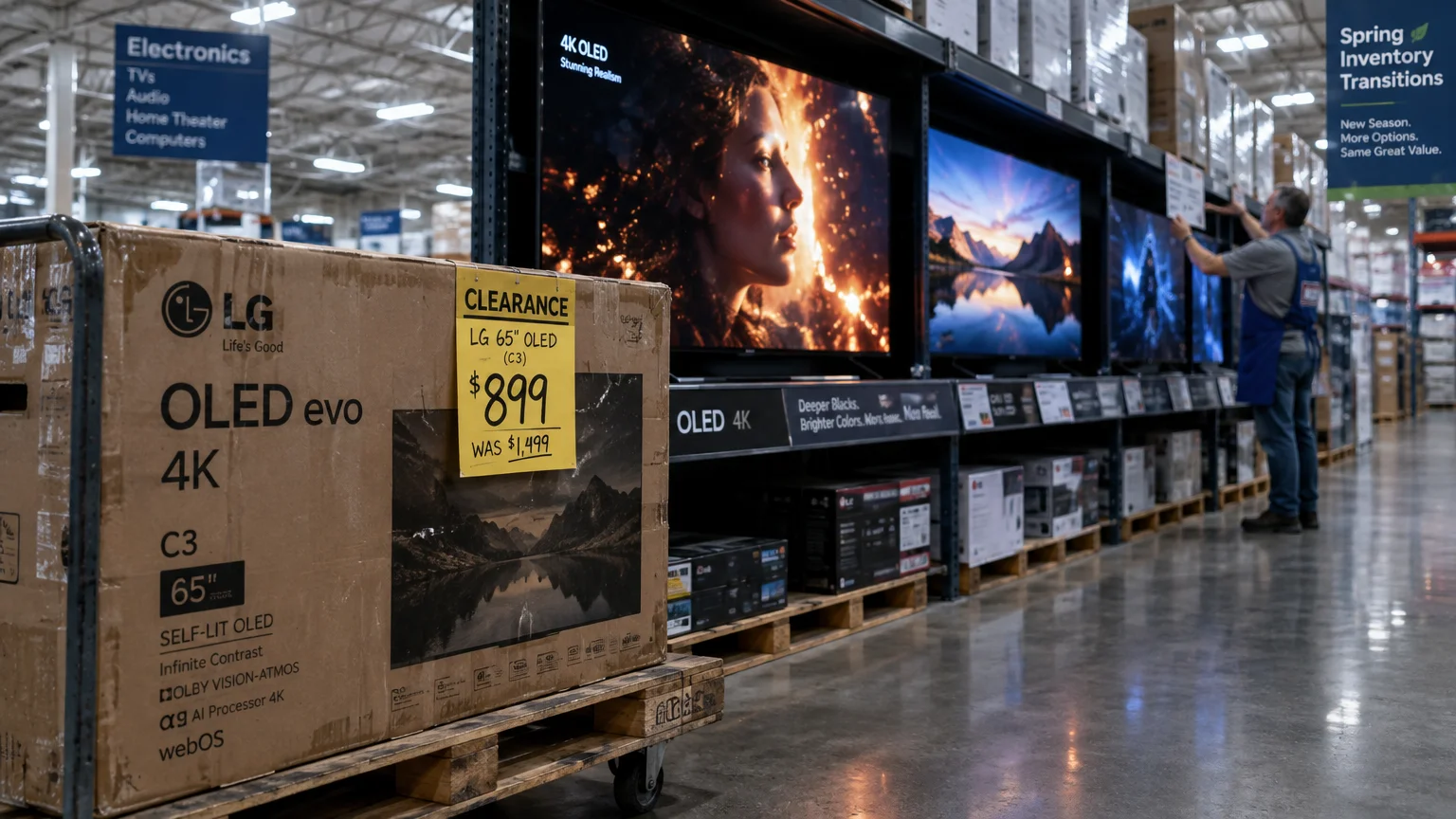Boxed television on a cart with a clearance price tag in an electronics warehouse aisle next to display screens.