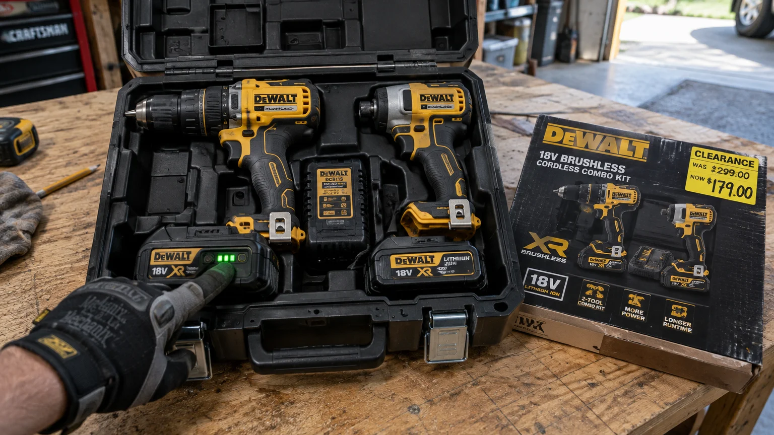 Open hard case containing a yellow cordless drill, impact driver, charger, and two batteries next to a clearance box.