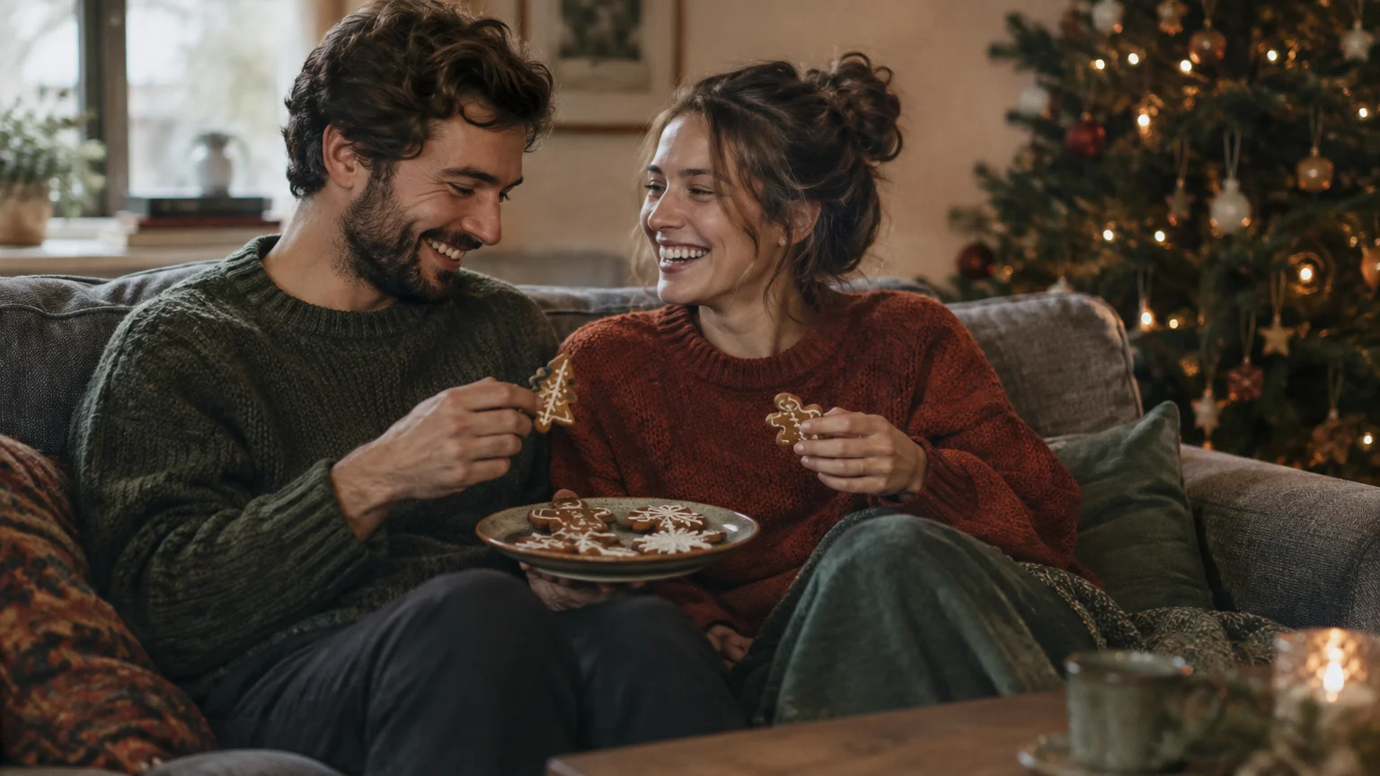 A smiling man and woman sit on a sofa holding gingerbread cookies in front of a lit Christmas tree.