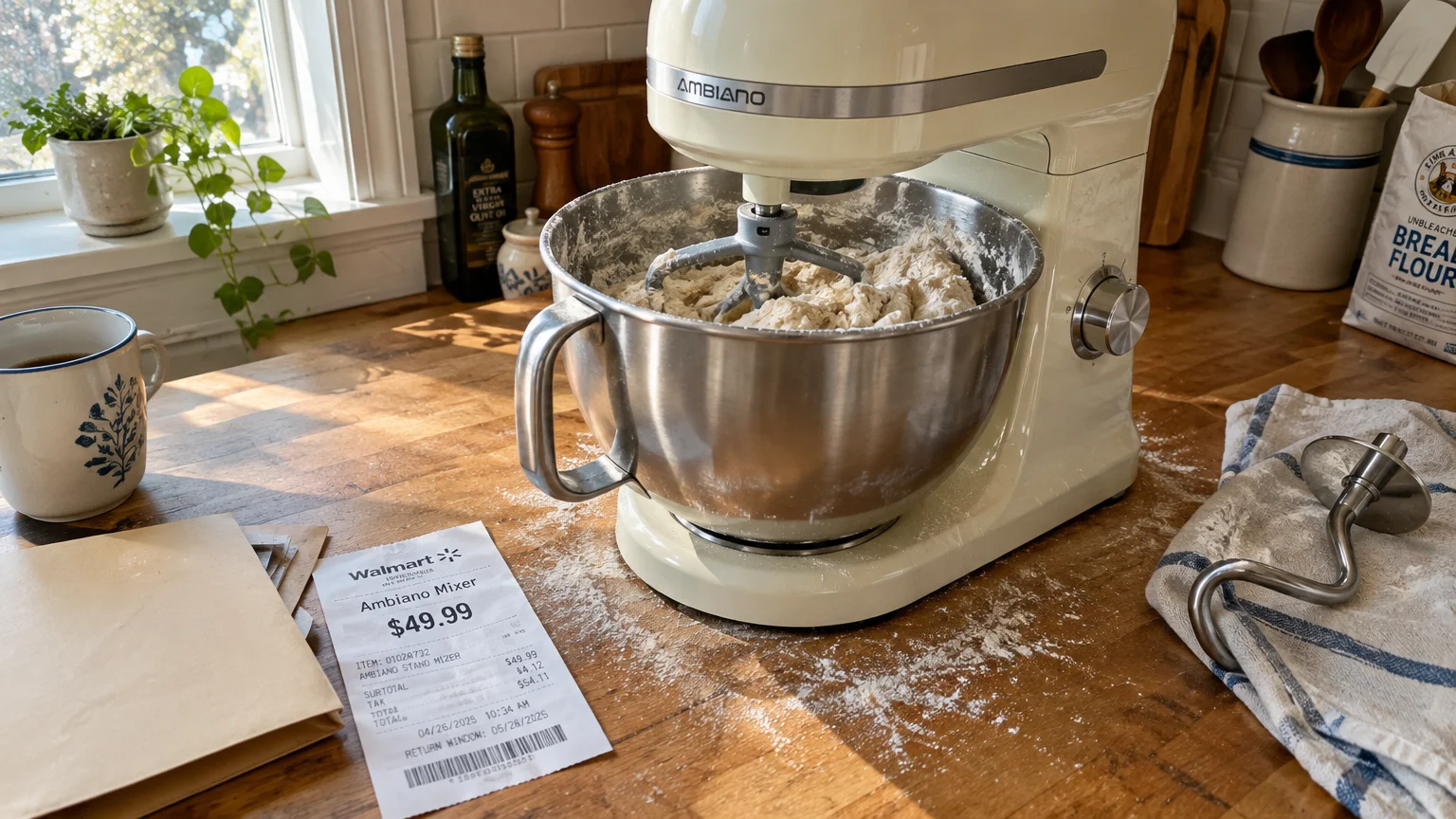 Cream Ambiano stand mixer mixing dough on a wooden kitchen counter beside a printed receipt and dough hook.