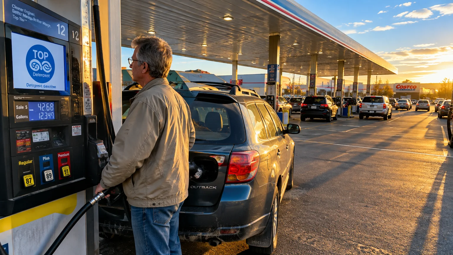 A man pumps fuel into a car at a busy Costco gas station canopy during a bright sunset.