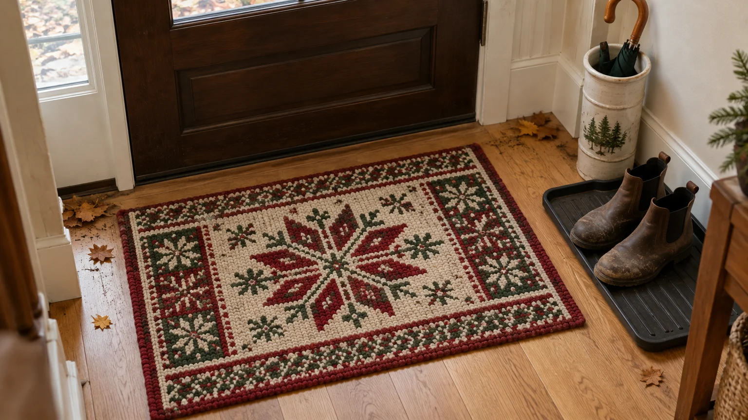 A woven holiday accent rug with a red and green snowflake pattern sits on a wood floor beside boots and an umbrella stand.