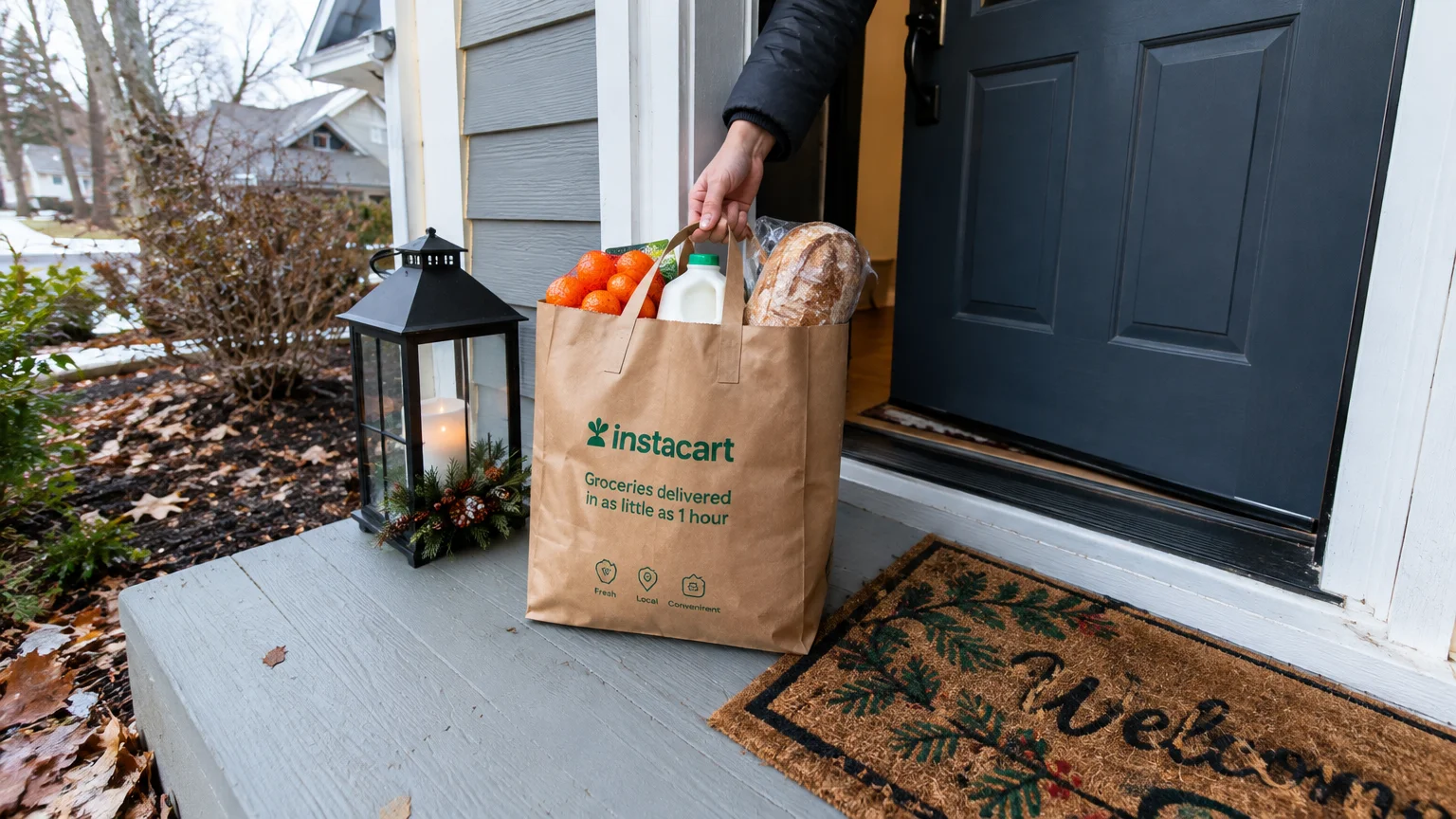A person picks up an Instacart paper grocery bag filled with bread, milk, and fruit on a front porch doorstep.