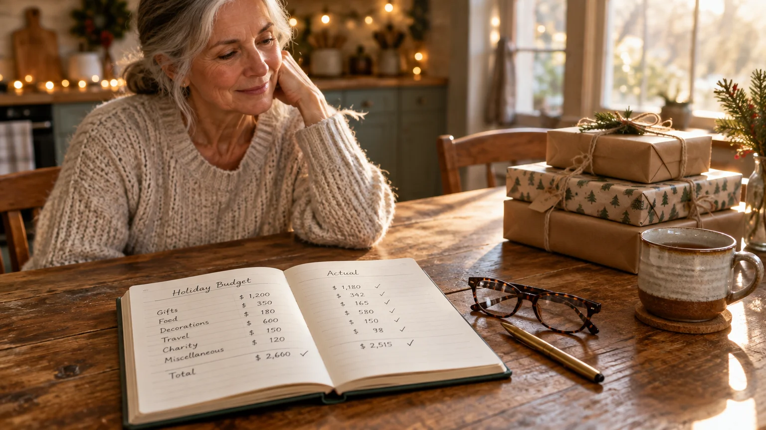Smiling senior woman at a wooden table looking at an open holiday budget ledger beside wrapped gifts and tea.