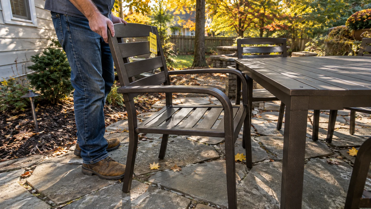 A man sets up a dark outdoor patio dining chair with a yellow price tag on a stone patio.