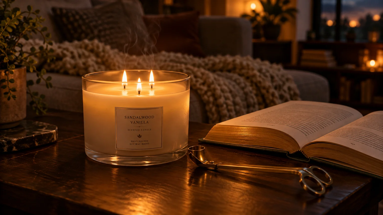 A lit three-wick candle in a glass jar sits on a wooden coffee table next to an open book and wick trimmers.