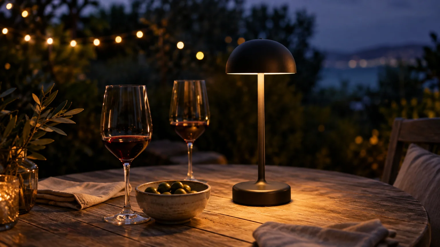 Small black metallic mushroom lamp glowing on an outdoor wooden table beside two glasses of red wine at dusk.