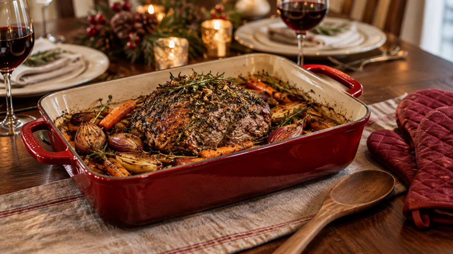 A roasted beef roast with carrots and onions sits in a red enameled cast iron roasting pan on a set dinner table.